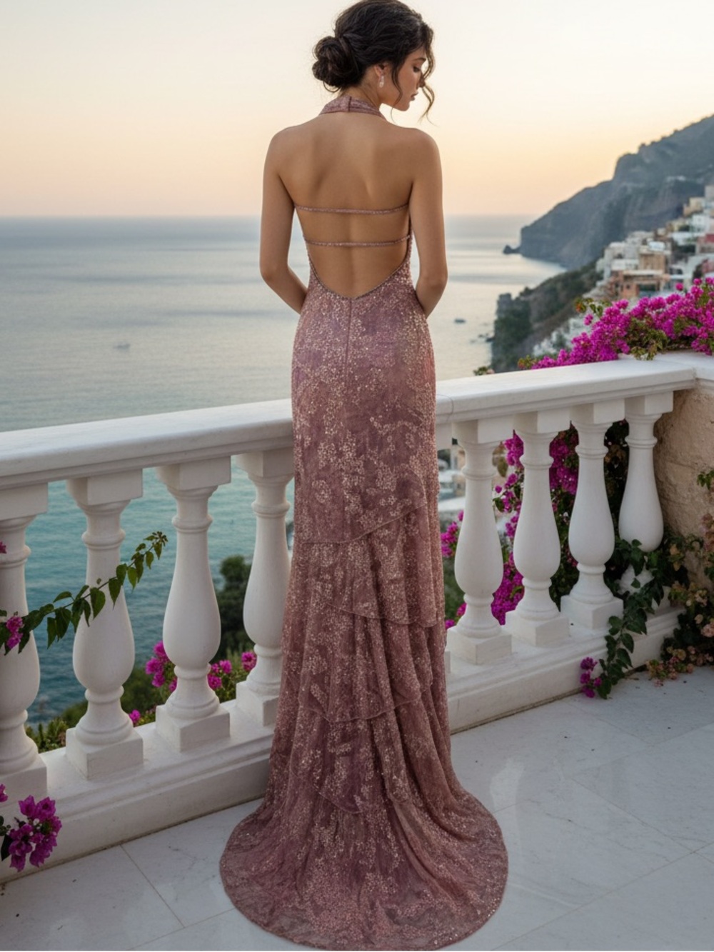 Sparkling hand beaded, layered skirt Mauve Halter Maxi Dress stretch fabric - Picture 5 of 16